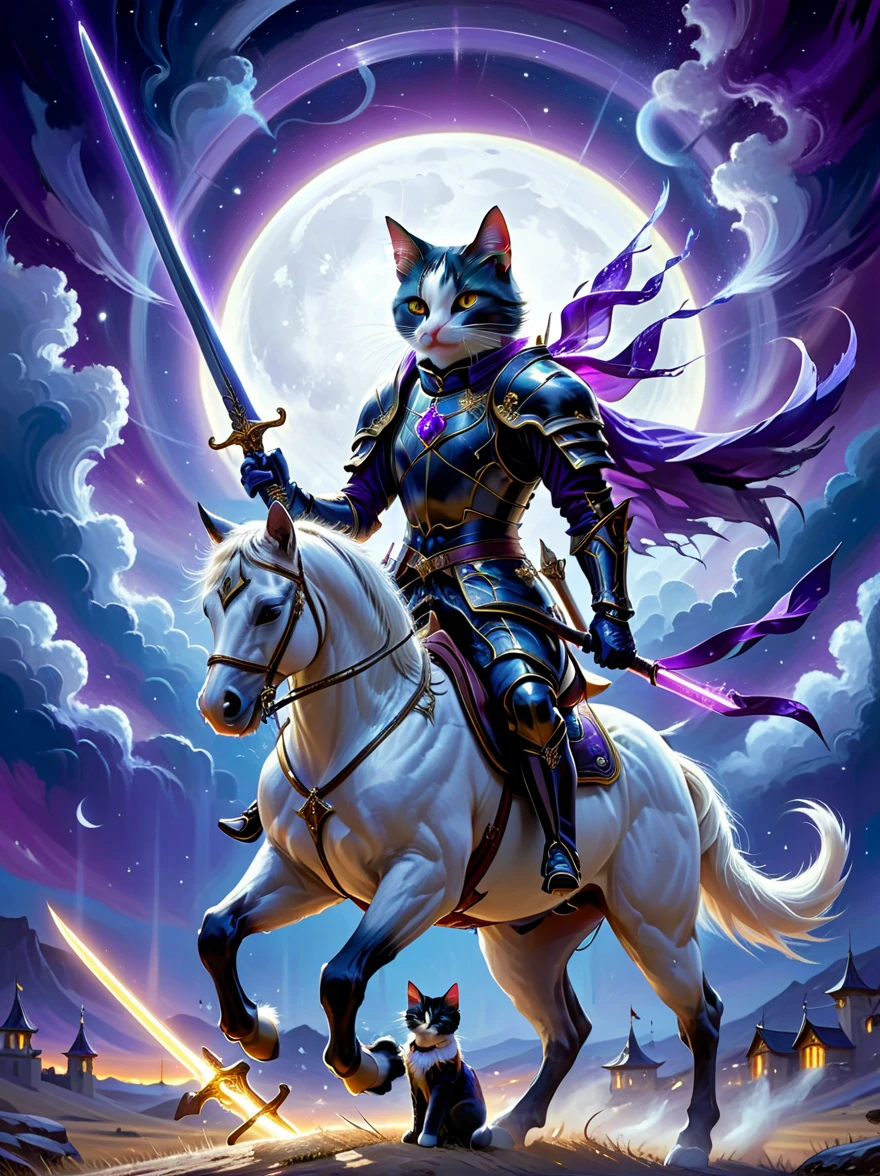 Surrealism, Star光环, Monochrome in the bright embrace of moonlight serenade, (1 stray cat knight), Wearing richly decorated cavalry uniform,(The cat knight holds a sword in his hand),Deep purple accents capture the whispers of the night, Riding on his trust (White steed:1.2), A horse gallops quietly on the whispering plain. Sitting proudly in the saddle, Compared, Tone, texture, detailed, Star, Colorful halo, Vibrant energy, expressive, dramatic, organic lines and forms, dreamy and mysterious, Surrealism