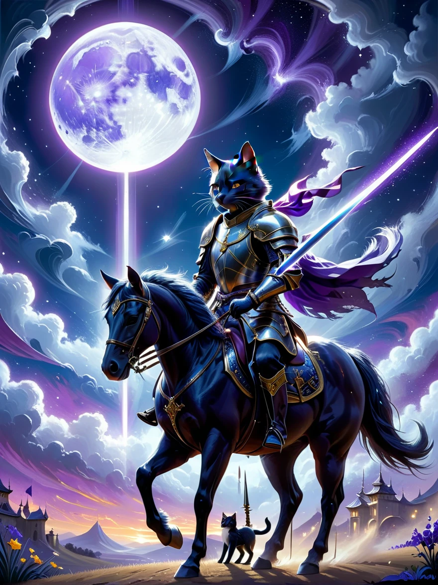 Surrealism, Star光环, Monochrome in the bright embrace of moonlight serenade, (1 stray cat knight), Wearing richly decorated cavalry uniform，(The cat knight holds a sword in his hand)，Deep purple accents capture the whispers of the night, Riding on his trust (White steed:1.2), A horse gallops quietly on the whispering plain. Sitting proudly in the saddle, Compared, Tone, texture, detailed, Star, Colorful halo, Vibrant energy, expressive, dramatic, organic lines and forms, dreamy and mysterious, Surrealism