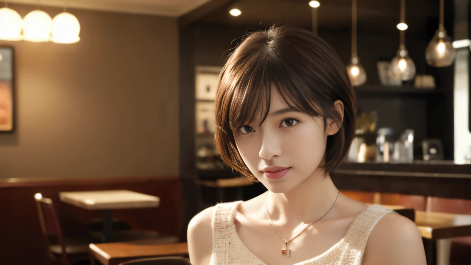 (highest quality、8K、32k、masterpiece、nffsw:1.2)、cute日本人女性の写真、very short bobbed hair、Upper body、surface focus、extra large_sweater、necklace、Background of the café、Viewer looking x4、(8K、RAW photo、highest quality、masterpiece:1.2)、(realistic、Photoreal:1.37)、1 girl、cute、professional lighting、photon mapping、Physically based rendering、gradient brunette hair、short curly hair、Handsome、excellent image quality、High resolution、1080p、(clean face)、(Detailed facial description)、(Detailed hand explanation)、(Masseter muscle part)、(Detailed CG)、 extreme light and shadow、hair is dirty、masterpiece、rich details、(exquisite features)、(best image quality)、(masterpiece)、(detailed eye)、delicate clavicle、Various poses、don't look at the camera、profile、Photographed inside the cafe、Spring clothes、simple necklace、knit