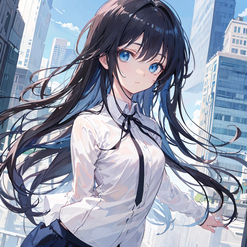 anime,(face),(beautiful detailed eyes), black hair,blue big shiny eyes, masterpiece,looking at viewer, best_quality, city background,masterpiece,white shirt, arms behind back,