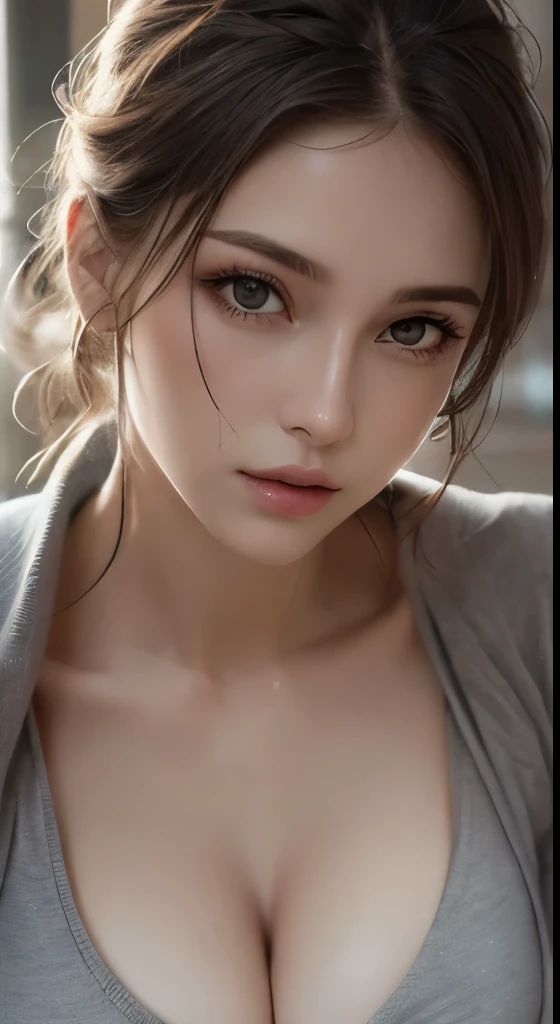 Russian Race, European race, (masterpiece, highest quality, photorealistic, High resolution, photograph: 1.3), Close-up, Focusing, hot models, slim, 30 year old mature woman、small face、Detailed beautiful eyes、realな肌, (perfect body, cleavage), Sexy hot face, erotic, sexual gaze, slim, Sweat top, Detailed beautiful eyes、glossy lips、small breasts、((bright light、dynamic lighting、real、超real、 realism、realistic details、background gray、