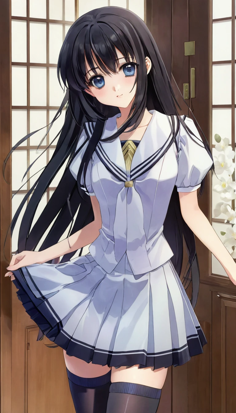 4K,（highest quality）, excellent detail,masterpiece,anime, super high resolution,Closer look at the eyes, best illustrations, Highly condensed 1girl, （very delicate and cute face）,Chest is small,black hair，（Suzuna Kuraki）,（（medium long hair））,（Hair length is slightly longer than shoulder length）,（straight hair）,（cute uniform）、（short puff sleeves）,（black stockings）,,,,,My age is ************,(Academy)，,（standing in the entrance hall）,
