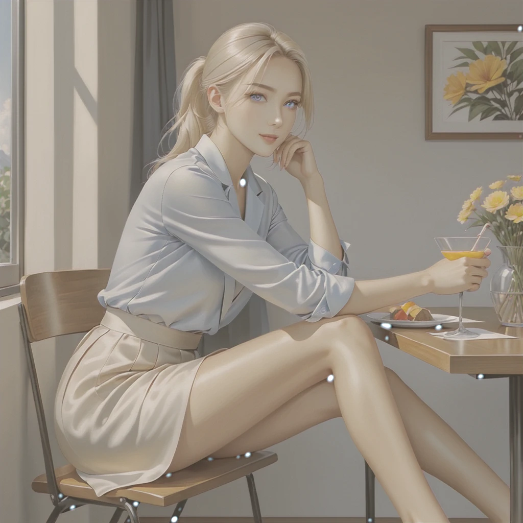 Two people are sitting at a table in a cozy cafe. Young woman (Darling, beautiful tender golden-haired blonde girl sitting at a table, she is wearing a silk wrap skirt, you can see her slender beautiful legs, she is wearing wedge sandals, cropped light top, her hair is pulled back into a low ponytail, she is holding a straw in her hands, through which he drinks a cocktail,) young platinum blond man (напротив за этим же столиком сидит высокий красивый статный мужественный young platinum blond man,) he is wearing a light office suit, he has long straight platinum hair, tanned skin, he has blue eyes, he looks at her lovingly. extremely detailed illustration, A true masterpiece highest quality, with careful drawing. full length image. realistic image, full length image. careful drawing of the anatomical accuracy of the body, gentle face type, excessive detail of the female body. masterpiece, perfect drawing, realistic drawing, Full-length drawing, 8k. full length image, realistic image, detailed image. extremely detailed illustration, A true masterpiece, highest quality, with careful drawing. shading with shadows. careful depiction of the anatomical accuracy of the female body, nice face type, excessive detail of the female body. Anime style.