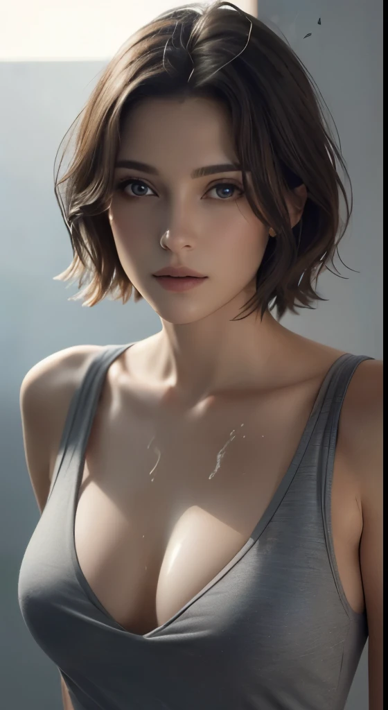 Russian Race, European race, (masterpiece, highest quality, photorealistic, High resolution, photograph: 1.3), Close-up, Focusing, hot models, slim, 30 year old mature woman、small face、short cut hair、dark brown hair、Detailed beautiful eyes、realな肌, (perfect body), Sexy hot face, erotic, sexual gaze, slim, Sweat top, Detailed beautiful eyes、glossy lips、small breasts、、bust B cup、((bright light、dynamic lighting、real、超real、 realism、realistic details、background gray、Plain gray background