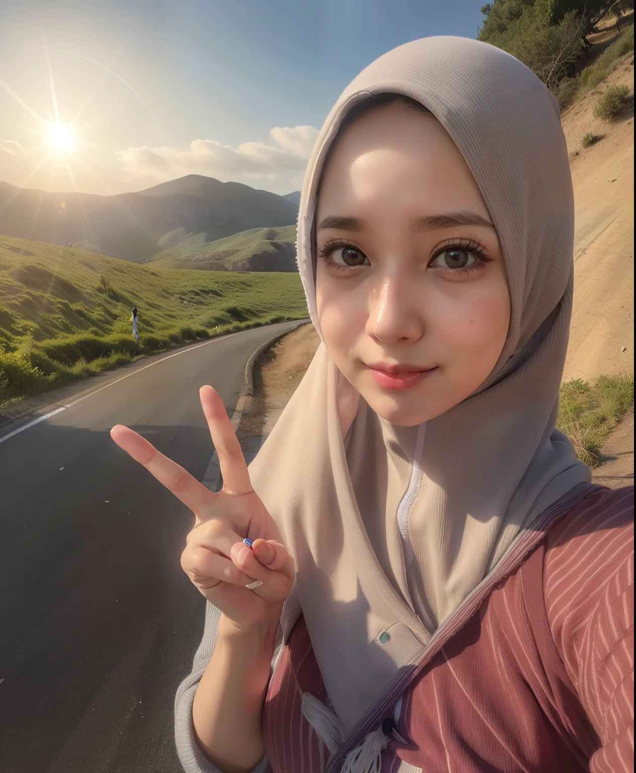 arafed woman in hijab making a peace sign on a road, dilraba dilmurat, with kind face, selfie of a young woman, selfie, selfie photo, selfie!!!!!, ruan cute vtuber, selfie shot straight on angle, 8k selfie photograph, with cute - fine - face, selfie photography, hijab, beautiful image, peacefull