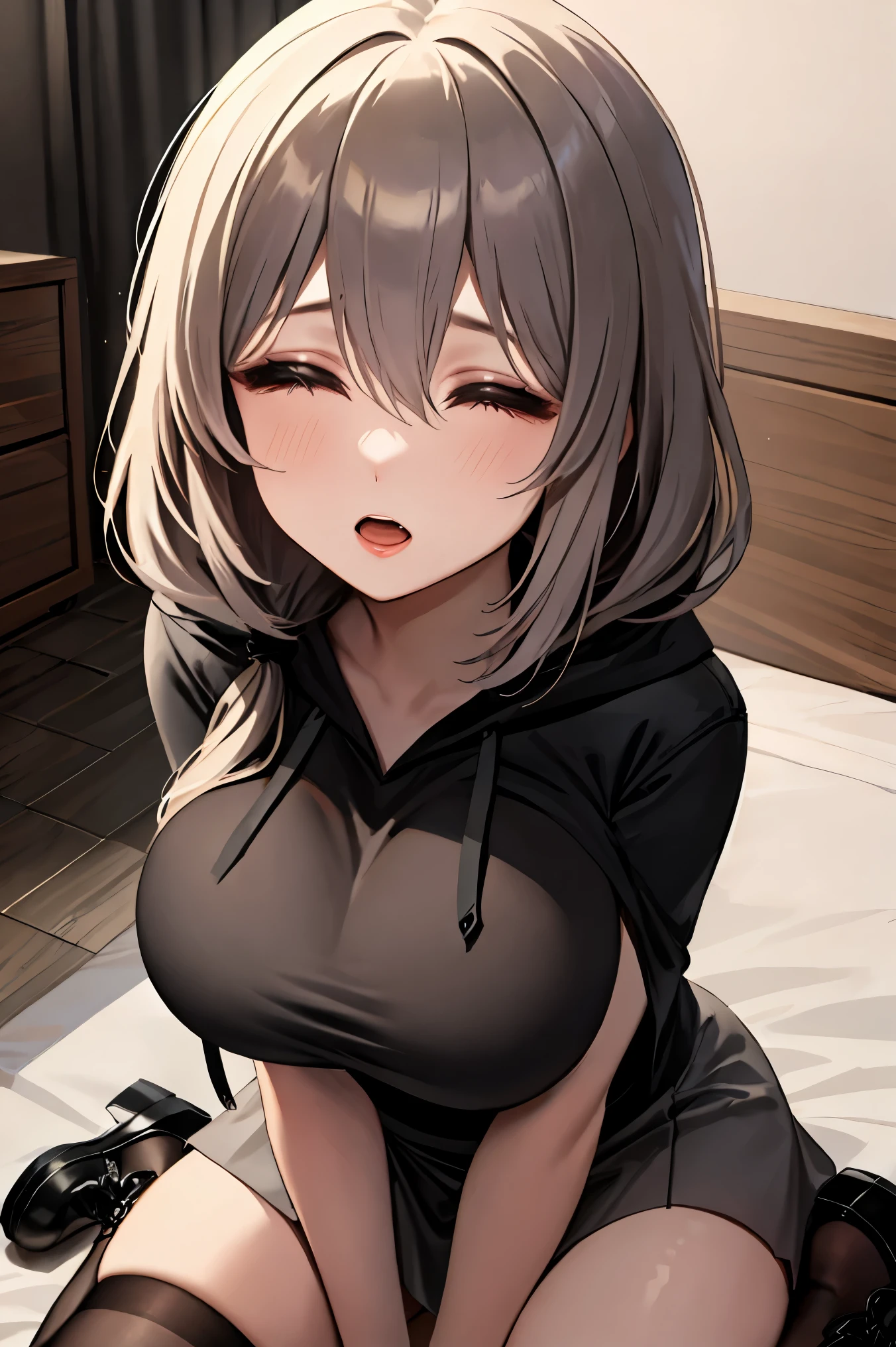 1girl, uzakitsuki, grey hair, hair between eyes, hair over shoulder, closed eyes, mature female, large breasts,
BREAK (black cape, black footwear, black ribbon, black shirt, black thighhighs, cape, grey skirt, hood:1.2)
BREAK looking up, upper body,
BREAK  indoors, bedroom background,
BREAK ((anime girl)), best quality, expressive eyes, perfect face, (masterpiece), best quality, expressive eyes, perfect face, ((best quality)), ((ultra-detailed)), ((an extremely delicate and beautiful)), perfect eyes, perfect body, ((synmetry eyes)), beautiful eyes, ((thick thighs)), shiny skin, soft skin, ((synmetry body)), ((perfect body)), 