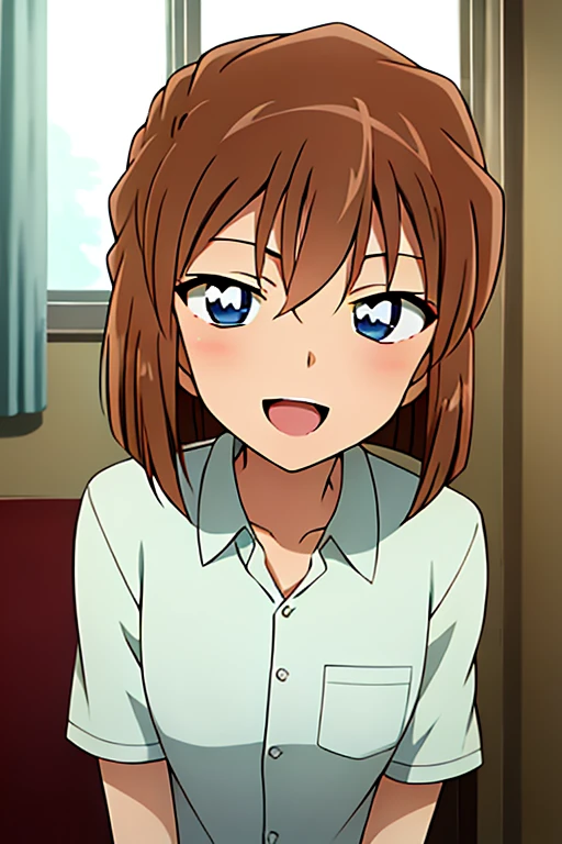 ((highest quality)), ((masterpiece)), (be familiar with), perfect face, indoor, Bedroom, looking at the viewer,
one woman, Haibara Ai,
open mouth, ecstatic expression, blush, smile,
small breasts, flat chest, young girl, , , girl,
long hair, brown hair, light blue eyes, short hair,