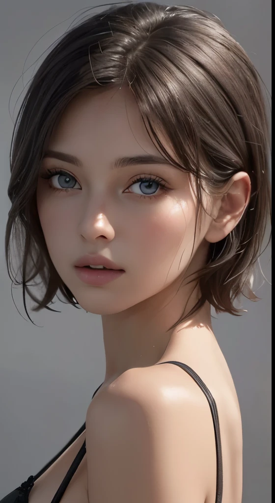 8k uhd、RAWphotograph、モデルphotograph撮影、Russian Race, European race, (masterpiece, highest quality, photorealistic, High resolution, photograph: 1.3), Close-up, Focusing, hot models, slim, 30 year old mature woman、small face、short cut hair、dark brown hair、Detailed beautiful eyes、realな肌, (perfect body), Sexy hot face, erotic, sexual gaze, slim, Sweat top, Detailed beautiful eyes、glossy lips、small breasts、、bust B cup、((bright light、dynamic lighting、real、超real、 realism、realistic details、background gray、Plain gray background