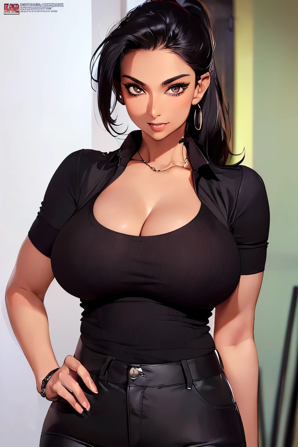 (masterpiece, best quality, detailed illustration, high resolution), ((1girl, solo)), ((huge breasts, large breasts, slim waist, long legs, fit body, toned body)), ((full body, closeup view)), ((standing)), ((looking at the viewer, facing the viewer)), office setting, ((fair skin)), oiled skin, ((large breasts, mature woman, mature female, mature lady)), (detailed eyes, good eyes, better eyes), ((standing)), (black hair), ((black shirt, pants)), (massive breasts), (ponytail), ((milf)), (unbuttoned shirt), (brown eyes), (female bodyguard)