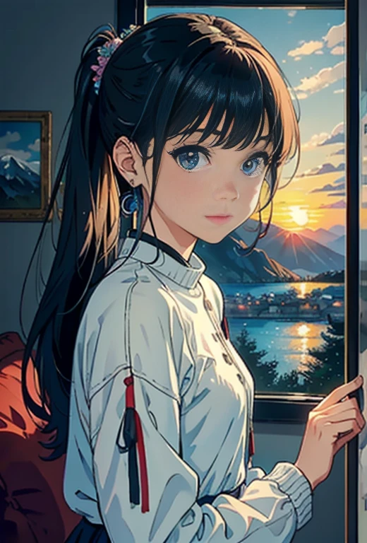 Studio apartment, huge room, Cozy artist's studio, Cute Beautiful Girl、A cute character who wears a mini skirt. Cute Ponytail, highest quality、High resolution、detailed background、(detailed face:1.4)、beautiful and smooth skin, (close up shot:1.3), easel, color palette, acrylic paints, paintings, large windows, loggia, art, awards, table, sofa, armchairs, mirror, crystals, meditation, harmony, many books on the walls, paintings on the walls, view from the window, sea, mountains, amazing sunset, flower arrangements, paints, brushes, artist's theme, elegant, dynamic bright lighting, happiness, full color, multicolored, artificial, higher detail, super quality, small details, highlights, neon lights, masterpiece, best colors