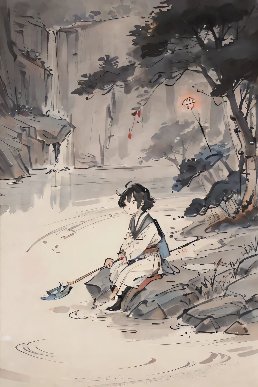 (Best masterpiece),8K, with messy hair,(Wearing Hanfu),(Cross-legged),(Fishing with a fishing rod in hand),Sitting sideways by the river fishing,frog,Decorative paintings:1.6, Lighting,Ink painting and ink painting,ink,inkbusim,medium shot the scene is,wide angle,Chinese painting,Ink and watercolor painting,