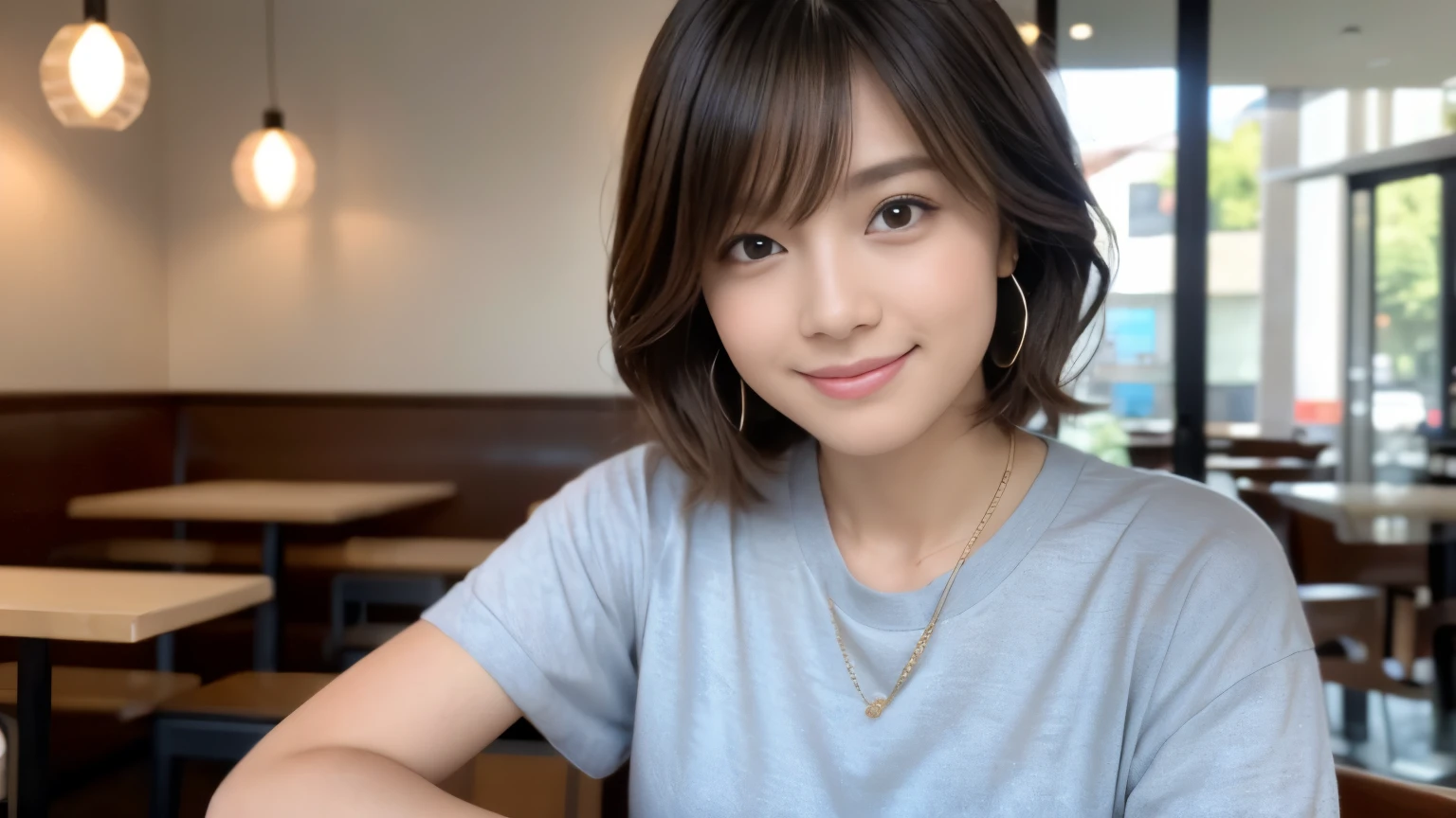 (highest quality,8K quality,masterpiece:1.3,),(超A high resolution:1.3,Photoreal:1.4,RAW photo:1.2),(super detailed:1.2,shiny skin,fine skin:1.1),(detailed face,perfect anatomy,caustics:1.2),stylish cafe,1 girl,cute,Japanese,22 years old,Natural brown hair,curl short hair outwards,cute目,natural makeup,oversized t-shirt,laughter,look at the camera,Shot in a café,professional lighting,natural soft light,