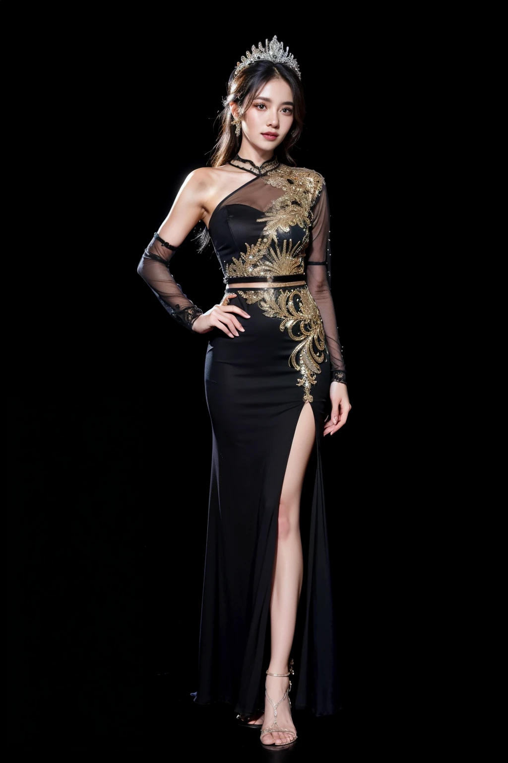 a woman,full body solo, photography, symmetrical front view portrait of a young man wedding black dress java, ornament, ornate, detail, realistic, black background wearing kebaya, Indonesian, blangkon, winking,blangkon,kebaya