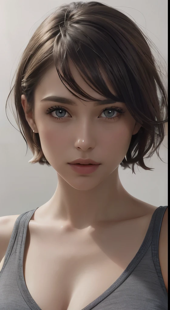 8k uhd、RAWphotograph、モデルphotograph撮影、Russian Race, European race, (masterpiece, highest quality, photorealistic, High resolution, photograph: 1.3), Close-up, Focusing, hot models, slim, 30 year old mature woman、small face、short cut hair、dark brown hair、Detailed beautiful eyes、realな肌, (perfect body), Sexy hot face, erotic, sexual gaze, slim, Sweat top, Detailed beautiful eyes、glossy lips、small breasts、、bust B cup、((bright light、dynamic lighting、real、超real、 realism、realistic details、background gray、Plain gray background