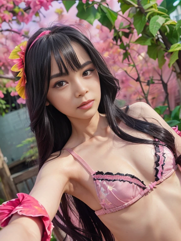 (extra detailed body、extra detailed face、best qualtiy:1.2)、femele、looking at the viewers、(pink bra、JINS)、(pink bougainvillea chaos in the background:1.4)no bangs, double eyelids,black hair, (Small Breasts)