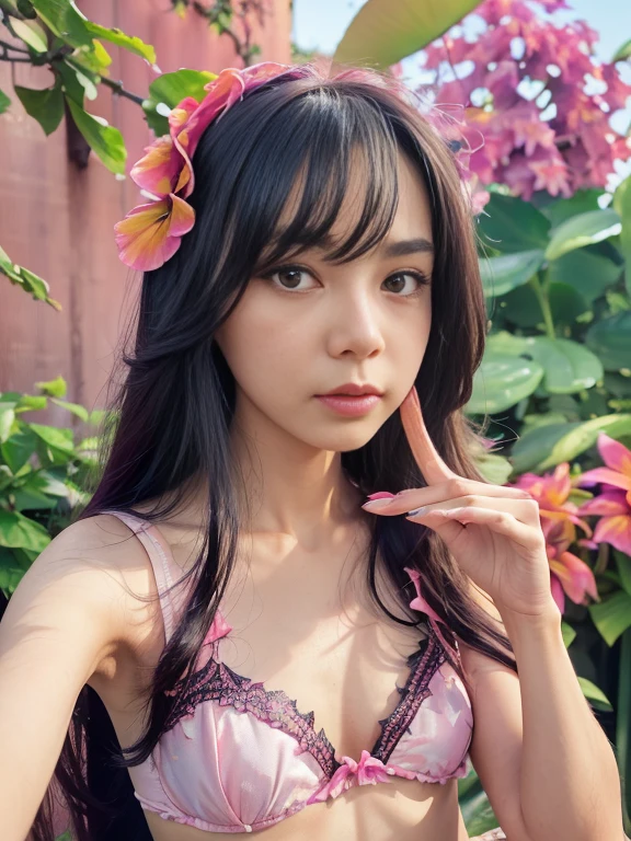 (extra detailed body、extra detailed face、best qualtiy:1.2)、femele、looking at the viewers、(pink bra、JINS)、(pink bougainvillea chaos in the background:1.4)no bangs, double eyelids,black hair, (Small Breasts)