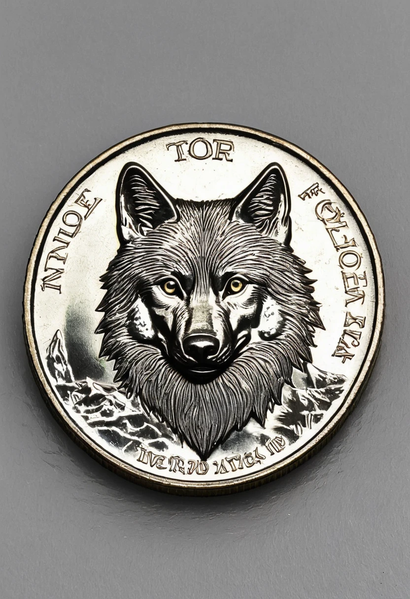 A coin with a wolf pattern on the front