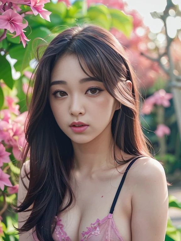 (extra detailed body、extra detailed face、best qualtiy:1.2)、femele、looking at the viewers、(pink  bra、JINS)、(pink bougainvillea chaos in the background:1.4)no bangs, double eyelids,black hair, (Small Breasts) 