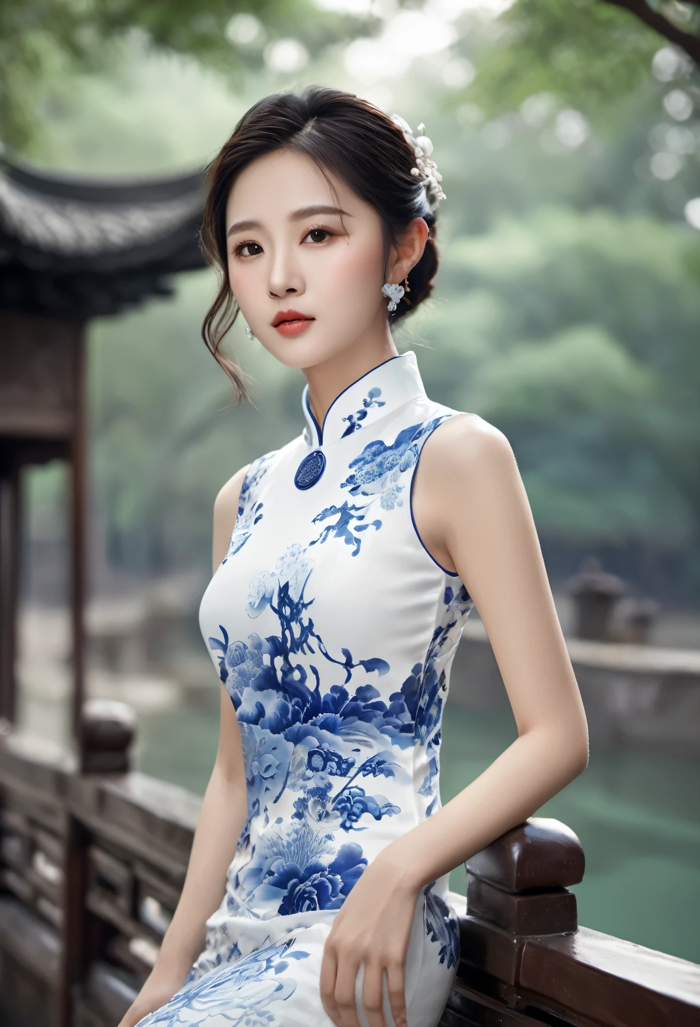 Portrait photography, Chinese beauty, wearing blue and white porcelain cheongsam, blue and white porcelain accessories, background, wide-angle view, wide-angle view, soft diffuse light, dreamy atmosphere, best picture quality, masterpiece, ultra-high resolution, (Reality: 1.4),