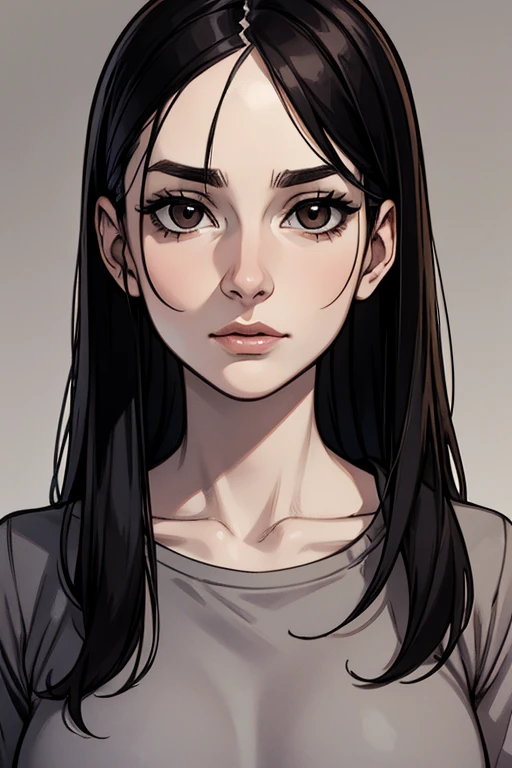 portrait, woman, looking into the camera, frontal face, calm face, grey t-shirt, black hair, pale skin, brown eyes, dark gray background