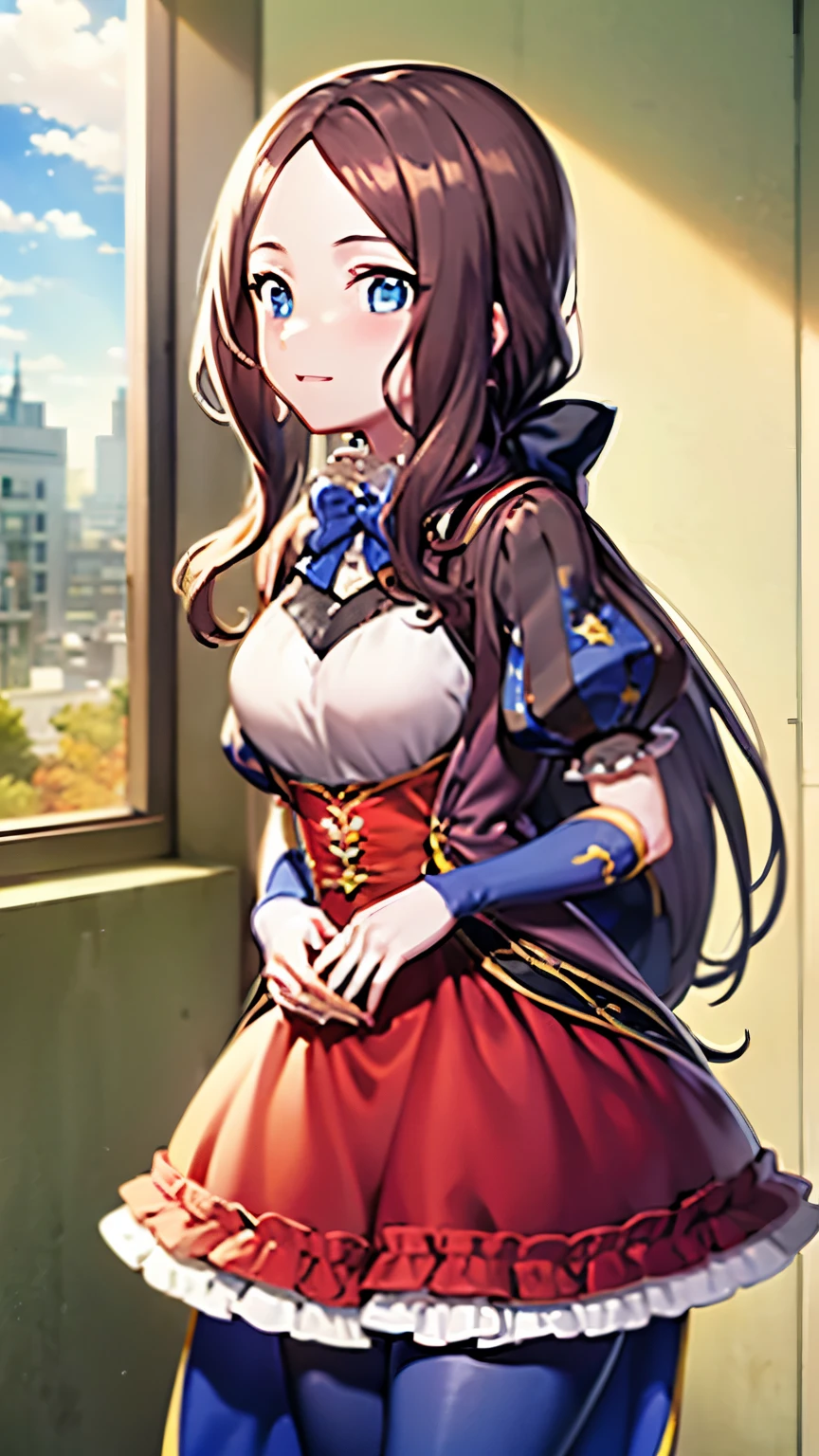 ((masterpiece, I understand the quality, High resolution, 超High resolution, pixel perfect, Depth of the bounds written, 4k, RTX, high dynamic range)), 1 girl, single, alone, 24-years-old, beautiful anime girl, beautiful art style, leonardo da vinci \(destiny\), ((long hair, bangs, brown hair, curl)), (blue eyes:1.4, round eyes, beautiful eyelashes, realistic eyes), (detailed face, blush:1.2), (smooth texture:0.55, lively質感:0.65, lively:1.2, cinematic, Anime CG style), medium breasts, perfect body, Plump, (dynamic angle, view, close), (indoor、medieval buildings), ((summer, autumn, Natural light, sunrise)), sly smile