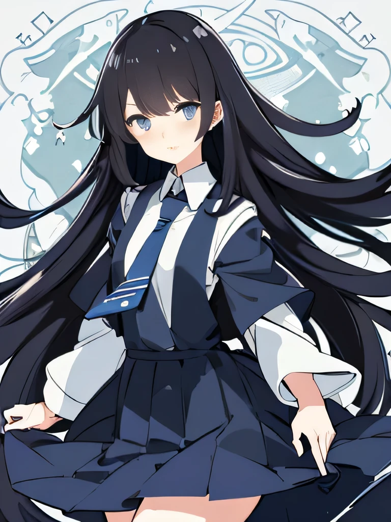 Anime girl ((high quality)), black hair ((high quality)), long hair ((high quality)), blue eyes ((high quality)),Cyro vision ((high quality)), blue details in the background ((high quality)), ice details ((high quality)), neutral expression ((high quality)), Japanese skirt ((high quality)), white school shirt((high quality)), dark blue tie around the neck ((high quality)).