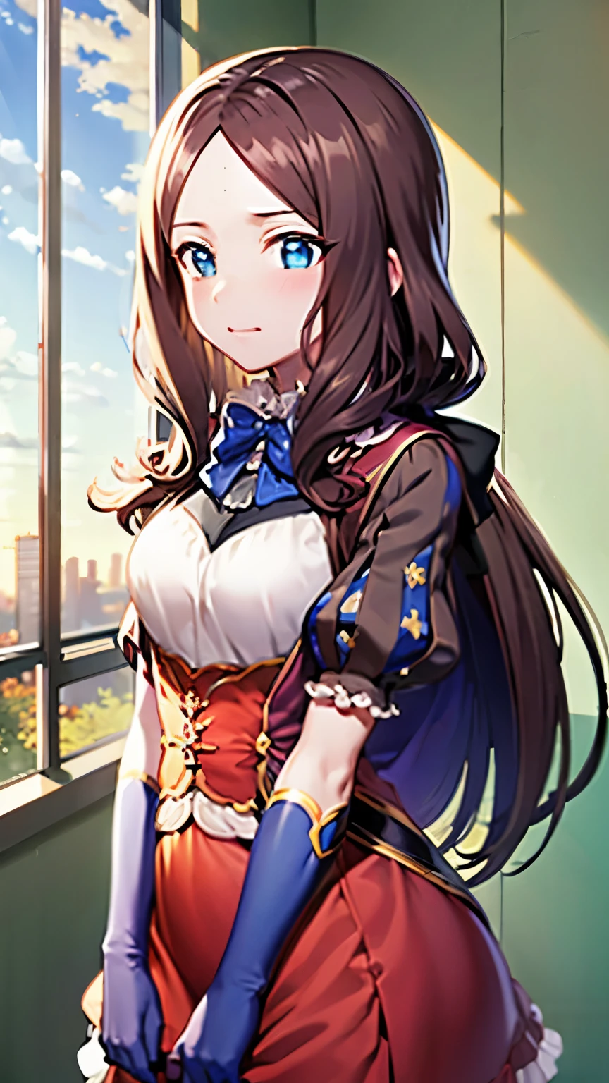 ((masterpiece, I understand the quality, High resolution, 超High resolution, pixel perfect, Depth of the bounds written, 4k, RTX, high dynamic range)), 1 girl, single, alone, 24-years-old, beautiful anime girl, beautiful art style, leonardo da vinci \(destiny\), ((long hair, bangs, brown hair, curl)), (blue eyes:1.4, round eyes, beautiful eyelashes, realistic eyes), (detailed face, blush:1.2), (smooth texture:0.55, lively質感:0.65, lively:1.2, cinematic, Anime CG style), medium breasts, perfect body, Plump, (dynamic angle, view, close), (indoor、medieval buildings), ((summer, autumn, Natural light, sunrise)), sly smile