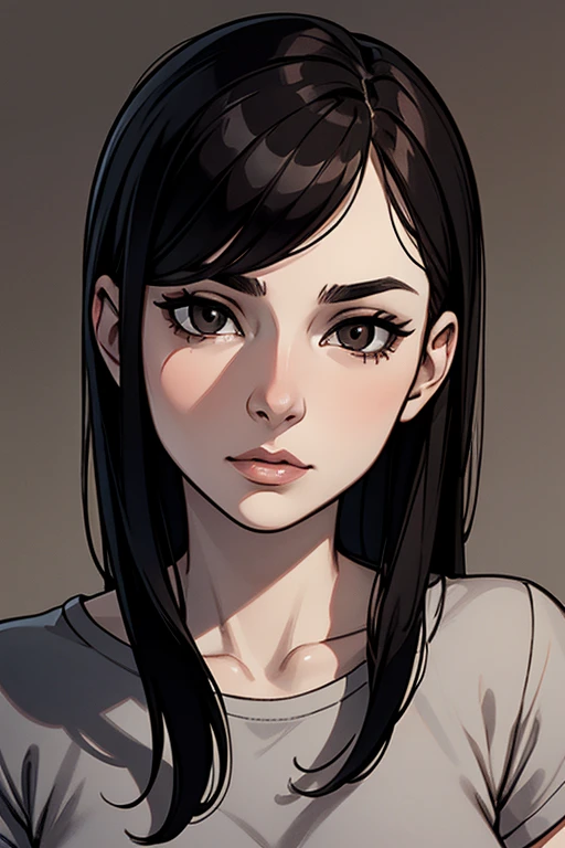 portrait, woman, looking into the camera, frontal face, calm face, grey t-shirt, black hair, pale skin, brown eyes, dark gray background