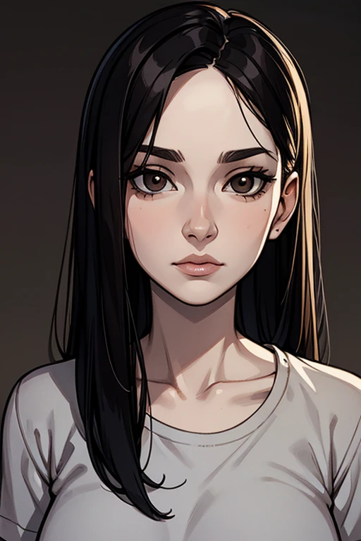 portrait, woman, looking into the camera, frontal face, calm face, grey t-shirt, black hair, pale skin, brown eyes, dark gray background