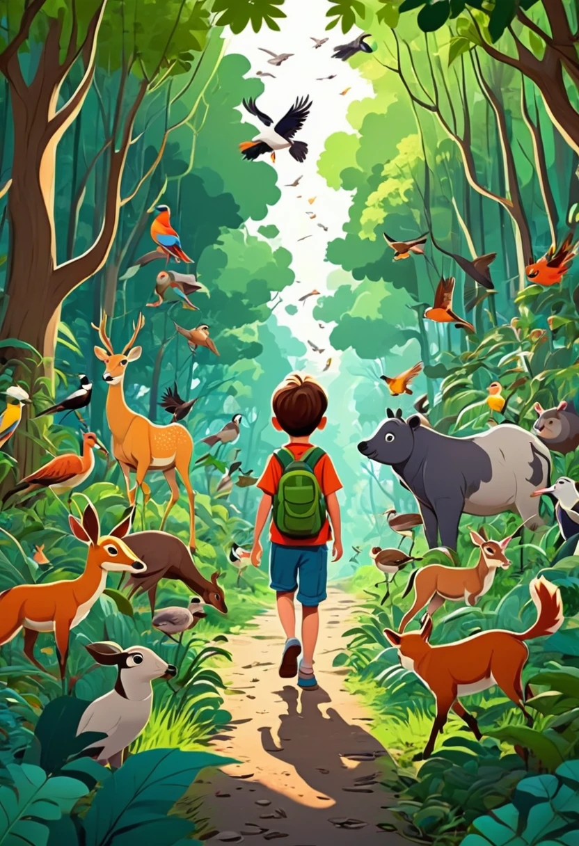 A boy is  walking through a dense forest, filled with various animals and birds, cartoon style 