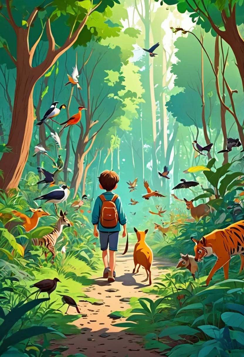 A boy is walking through a dense forest, filled with various animals and birds, cartoon style