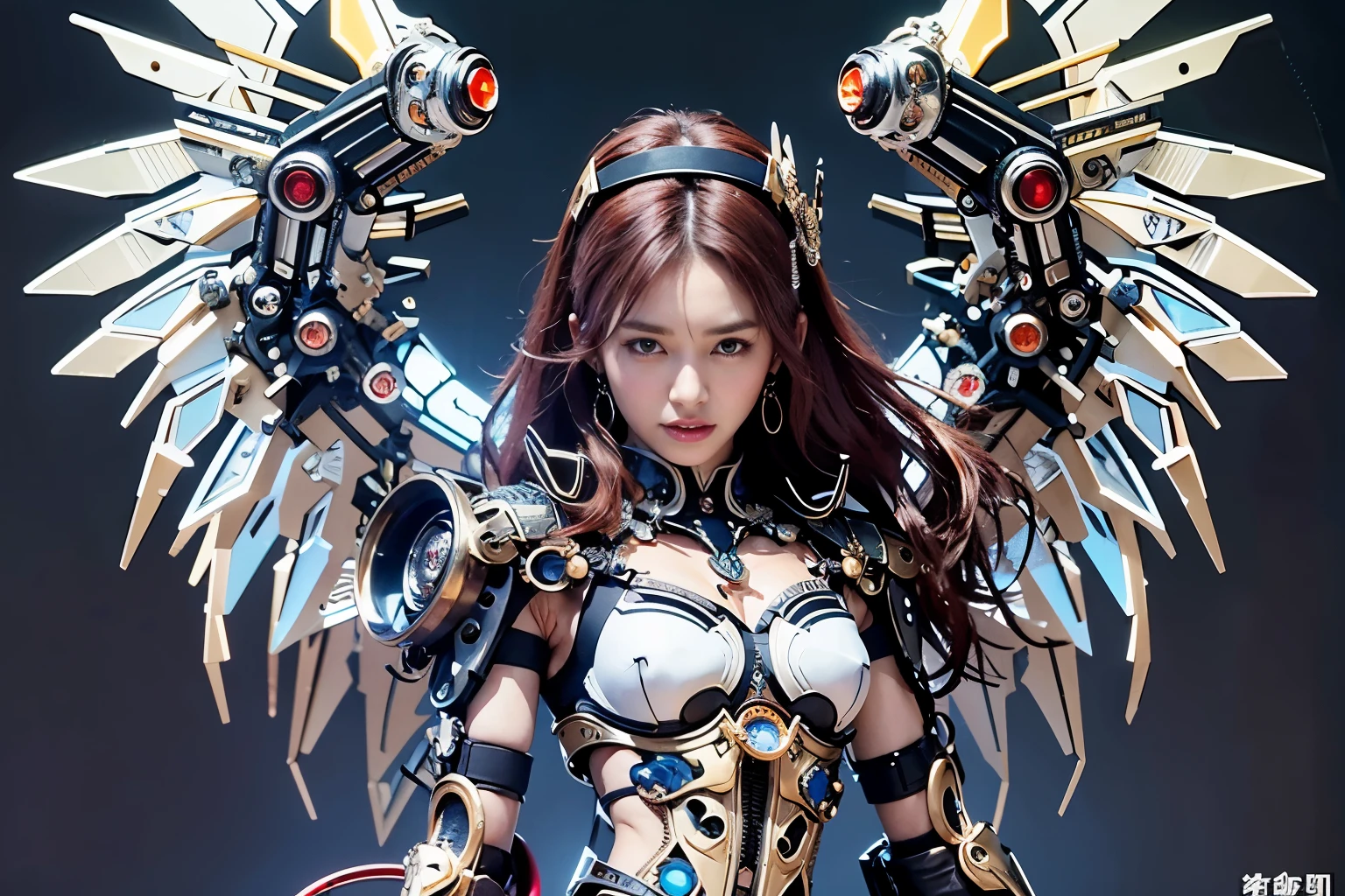 (top-quality:1.2, masterpiece)、ultra high resolution、extremely ultra surrealism, (Photorealsitic:1.4)、Raw photo、(Steampunk Battle Cyborg fallen angel)、large wings made of metal、black porcelain body、red hair、glowy skin、1 Cyborg girl、(mechanical frame:1.3)japanese, extremely cute face, ((super realistic details))、portrait、globalillumination、Shadow、octan render、8K、ultrasharp、character edge light、Details of complex ornaments、Acrylic Clear Cover、Sumerian details、Hydraulic cylinder、Small LED lamp、highly intricate detail、Realistic light、a purple eye、radiant eyes、Facing the camera、neon details、cowboy shot、Futuristic headgear、About Cyberpunk