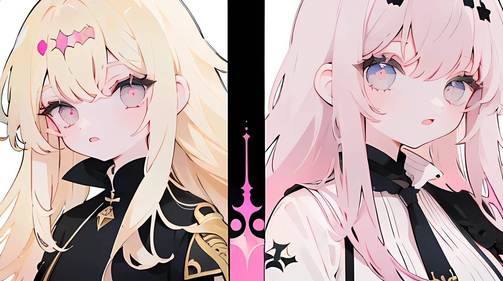 A girl with blonde long hair and pink eyes color, and one girl at her left with black long hair and black eyes
