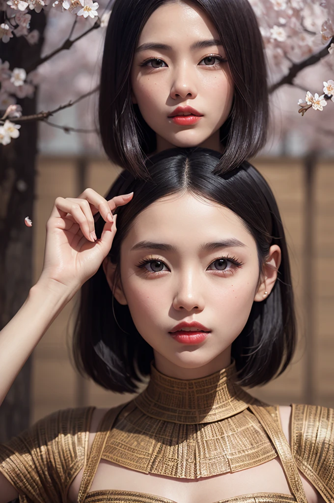 beautiful japanese young woman, wearing spiderwoman armor made of papyrus, thick symmetrical features, very short hair, background is cherry blossoms, pink aura, red lips, octane render,