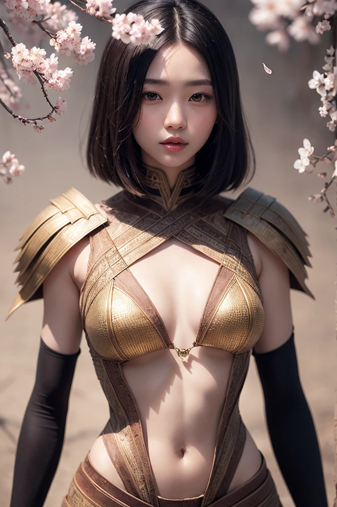 beautiful japanese young woman, wearing spiderwoman armor made of papyrus, thick symmetrical features, very short hair, background is cherry blossoms, pink aura, red lips, octane render,