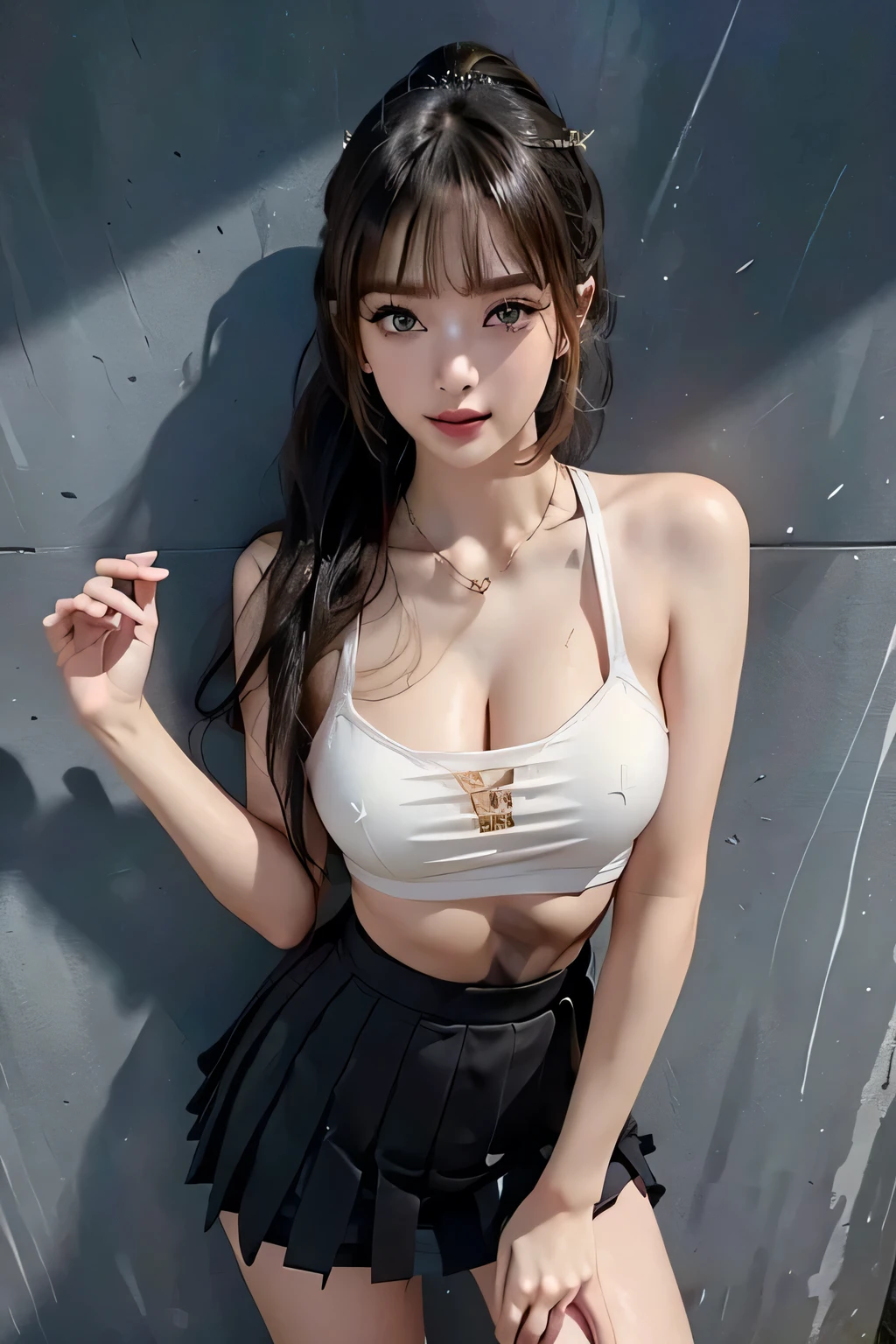 (((NSFW1.5)))，masterpiece, premium quality, Very be familiar with CG Unity 8K wallpapers, Super realistic 8kCG, perfect artwork, hourglass body shape, dramatic shadow, (Spotlight, perfect lighting, be familiar withな光, (((1 girl ))), ((sharp face)), ((lead hair, ponytail hair)), (((sexy pose))), model body shape, I can see your belly button, big and full breasts, ((cute face) ), (smile gently: 1.2), (asymmetrical bangs, beautiful eyelashes, green eyes), beautiful face, (beautiful chest line: 1.2), (cleavage), beautiful girl, Exquisite facial features that represent a perfect face, cold, naturally beautiful, Sweat, light and beautiful texpensive expression., expensive school girl, expensive , sailor suit, pleated skirt, loose socks, In front of a wall full of graffiti, night, (((leaning against the wall, she is standing))), Award-winning photo, be familiar with, realistic light and shadow, 8K resolution, professional lighting, (shiny skin:0.9), perfect hands,