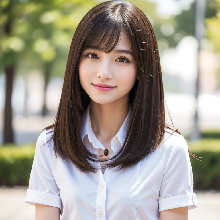 (highest quality、table top、8K、best image quality、Award-winning work)、One cute high school girl、alone、perfect beautiful composition、(Uniform shirt with full chest opening:1.3)、(unbutton one button&#39;shirt、Small bare breasts fully exposed:1.5)、(small flat chest:1.2)、slender body、(A shy smile looks at me:1.1)、(strongly blurred park background:1.1)、natural makeup、Ultra high definition beauty face、ultra high definition hair、Super high-definition sparkling eyes、(Pure white skin shining in ultra-high resolution:1.1)、Super high resolution glossy lips、accurate ???????、ultra high definition hair、(very bright:1.1)perfect face