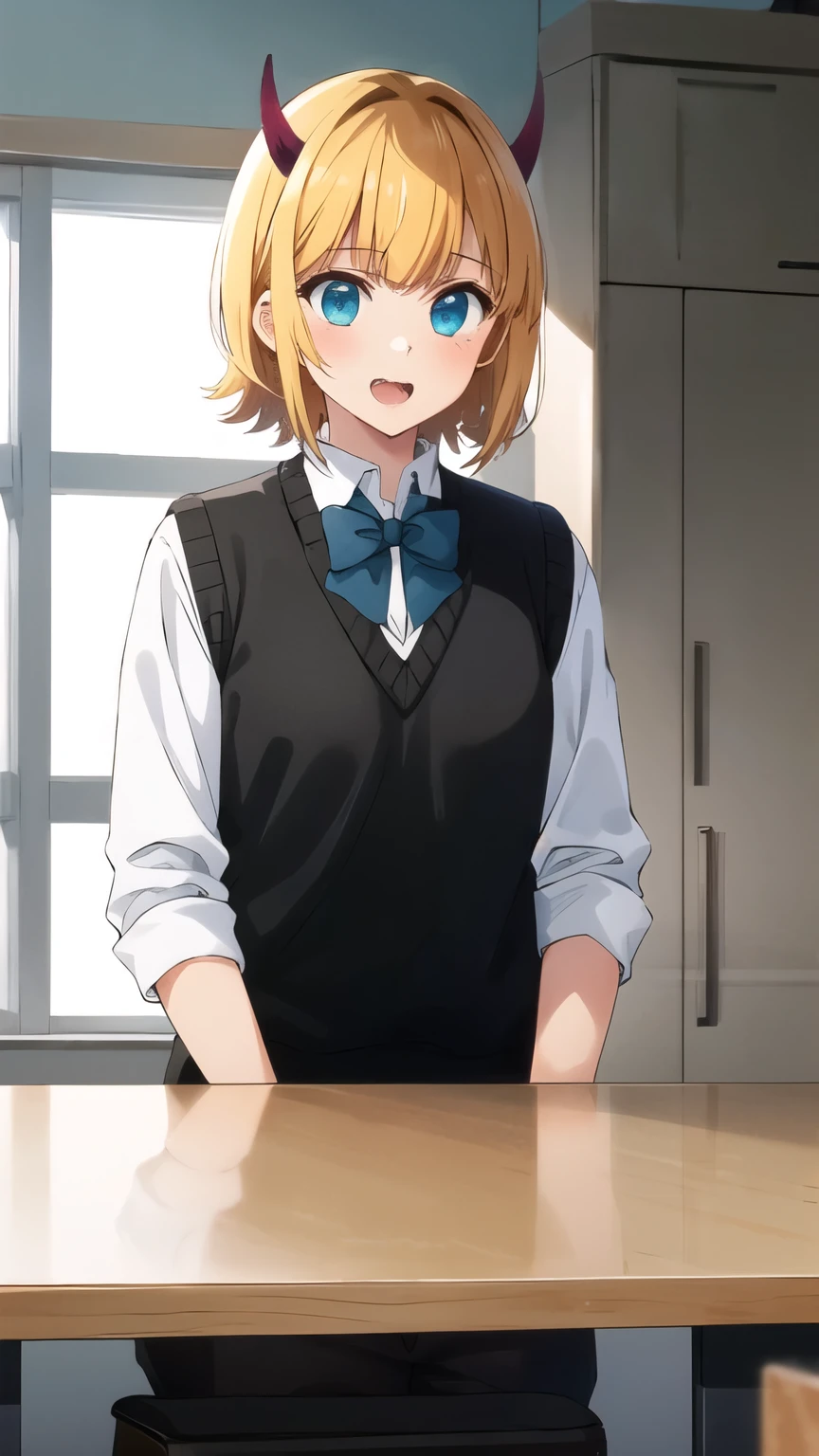 masterpiece, high quality, highres, memcho, 1girl, solo, cowboy shot,  indoors, sitting, skirt, brown skirt, black vest, sweater vest, black shirt, blue bowtie, fang, tiny horns