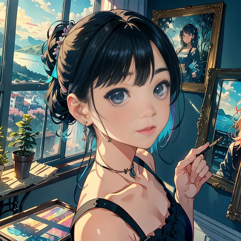 Studio apartment, huge room, Cozy artist's studio, Cute Beautiful Girl、A cute character who wears a mini skirt. Cute Ponytail, highest quality、High resolution、detailed background、(detailed face:1.4)、beautiful and smooth skin, (close up shot:1.3), easel, color palette, acrylic paints, paintings, large windows, loggia, art, awards, table, sofa, armchairs, mirror, crystals, meditation, harmony, many books on the walls, paintings on the walls, view from the window, sea, mountains, amazing sunset, flower arrangements, paints, brushes, artist's theme, elegant, dynamic bright lighting, happiness, full color, multicolored, artificial, higher detail, super quality, small details, highlights, neon lights, masterpiece, best colors