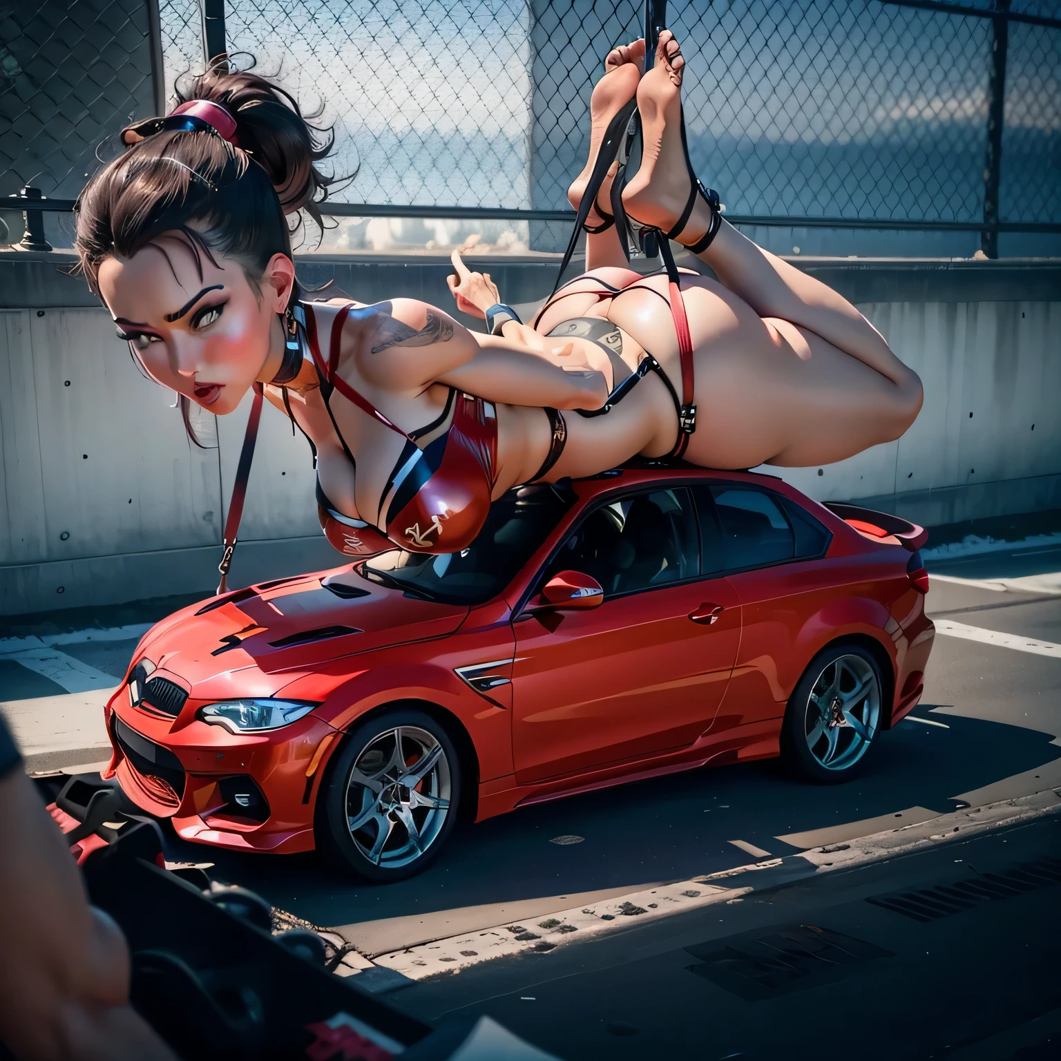 hogtied 18yo bimbo in a bikini laying on a car, (tight hogtie), ((perfect feet)), (rknee, rankles, wol, relbow, uwe, skindentation), giantess art, rendered in sfm, highly detailed giantess shot, realistic cars, car jump, giantess, car jumping, 3d cg, 3 d cg, giantess shot, , extreme pose, masuimi max, bimbo is laying on stomach, on roof of car