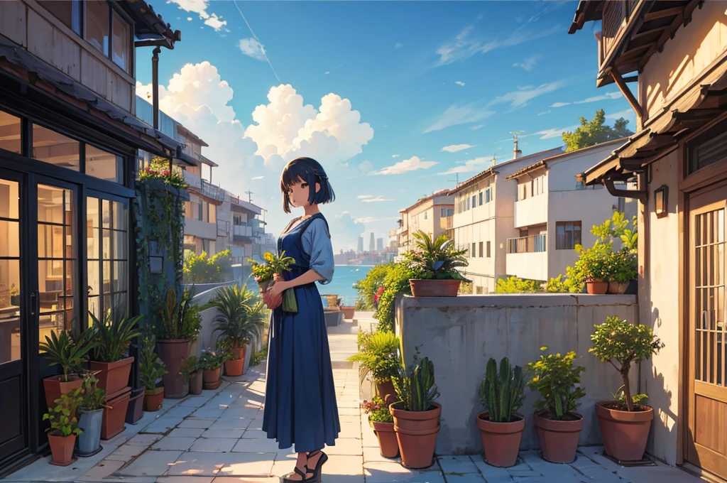 Detailed background, landscape, window, air conditioner, building, Outdoors, Potted plants, concrete, (Illustration:1.0), masutepiece, Best Quality, Potted plants, Cloudy sky, evening, early evening zori, Girl watching viewer, blue shadow
