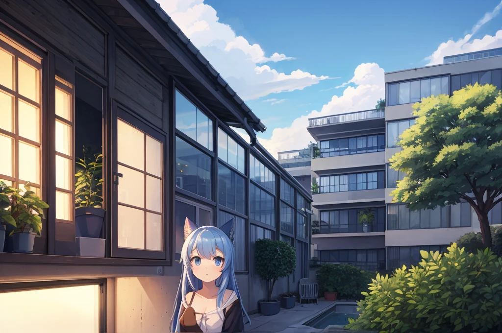 Detailed background, landscape, window, air conditioner, building, Outdoors, Potted plants, concrete, (Illustration:1.0), masutepiece, Best Quality, Potted plants, Cloudy sky, evening, early evening　zori, Girl watching viewer, blue shadow