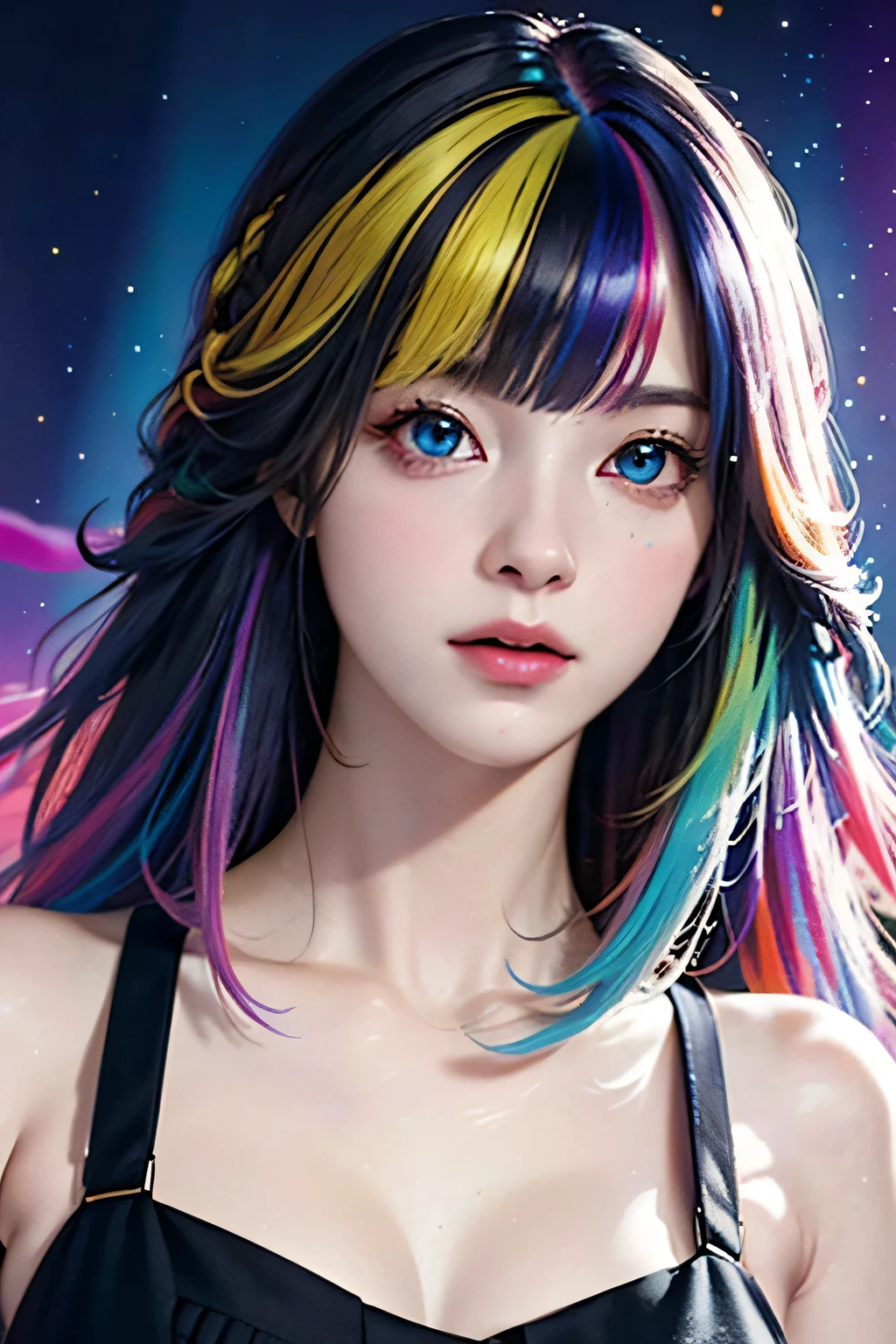 {{masterpiece}}, highest quality, Highly detailed CG Unity 8K wallpaper, cinematic lighting, Lens flare, Beautiful eyes in every detail, black, sideways glance, multicolored hair, colorful light, particle, heterochromia, (colorful:1.5), (colorful hair:1.5),big breasts