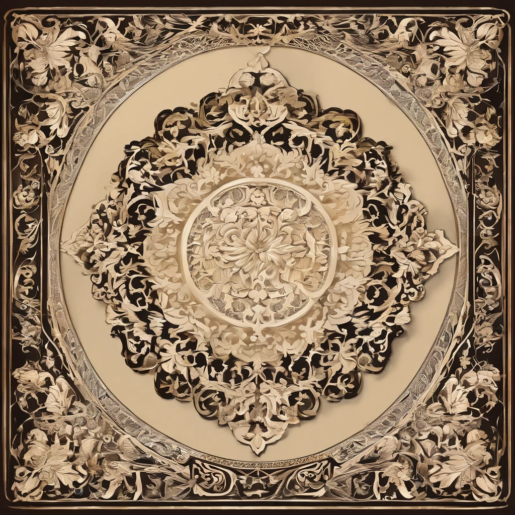 A stunning piece of concept art featuring a luxurious Art Nouveau square type frame with the highest possible contrast, featuring intricate undulations. The frame is ornate and finely crafted, adorned with detailed patterns and colors and delicate curved lines. In the center, there is a round, empty hole, occupying 80% of the frame. The overall design symbolizes the coffee break, exudes elegance and sophistication. The image should have extremely balanced lighting to make details visible across the entire model, with very clear and sharp edges and textures. The design should feature strong shadows and intense highlights to accentuate different levels and surfaces, ensuring that no details are obscured. The overall composition emphasizes the intricate details and overall balance of the design. The overall composition is vibrant and inviting, capturing the essence of a perfect coffee break.