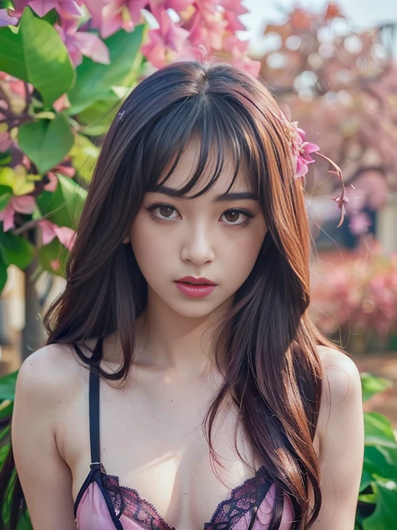 (extra detailed body、extra detailed face、best qualtiy:1.2)、femele、looking at the viewers、(pink  bra、JINS)、(pink bougainvillea chaos in the background:1.4)no bangs, double eyelids,black hair, (Small Breasts) 