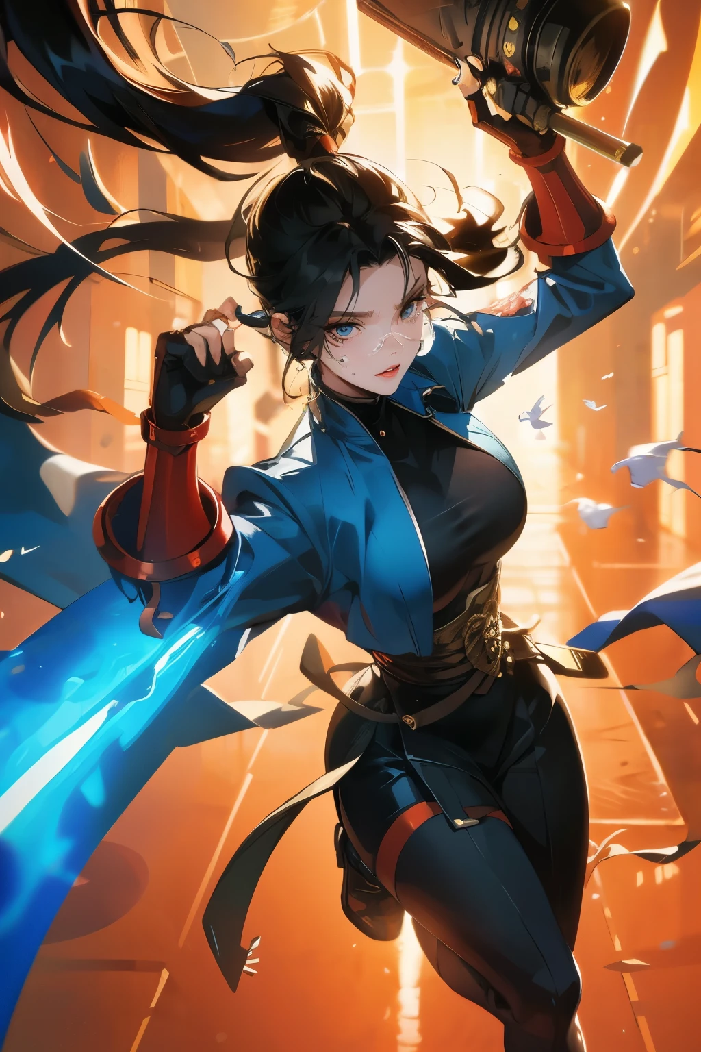 Wide angle shot, beautiful female street fighter, wearing large glasses, black undercut hair, wearing large steel knuckles