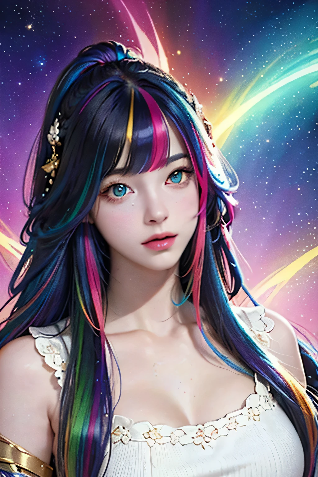 {{masterpiece}}, highest quality, Highly detailed CG Unity 8K wallpaper, cinematic lighting, Lens flare, Beautiful eyes in every detail, black, sideways glance, multicolored hair, colorful light, particle, heterochromia, (colorful:1.5), (colorful hair:1.5),big breasts