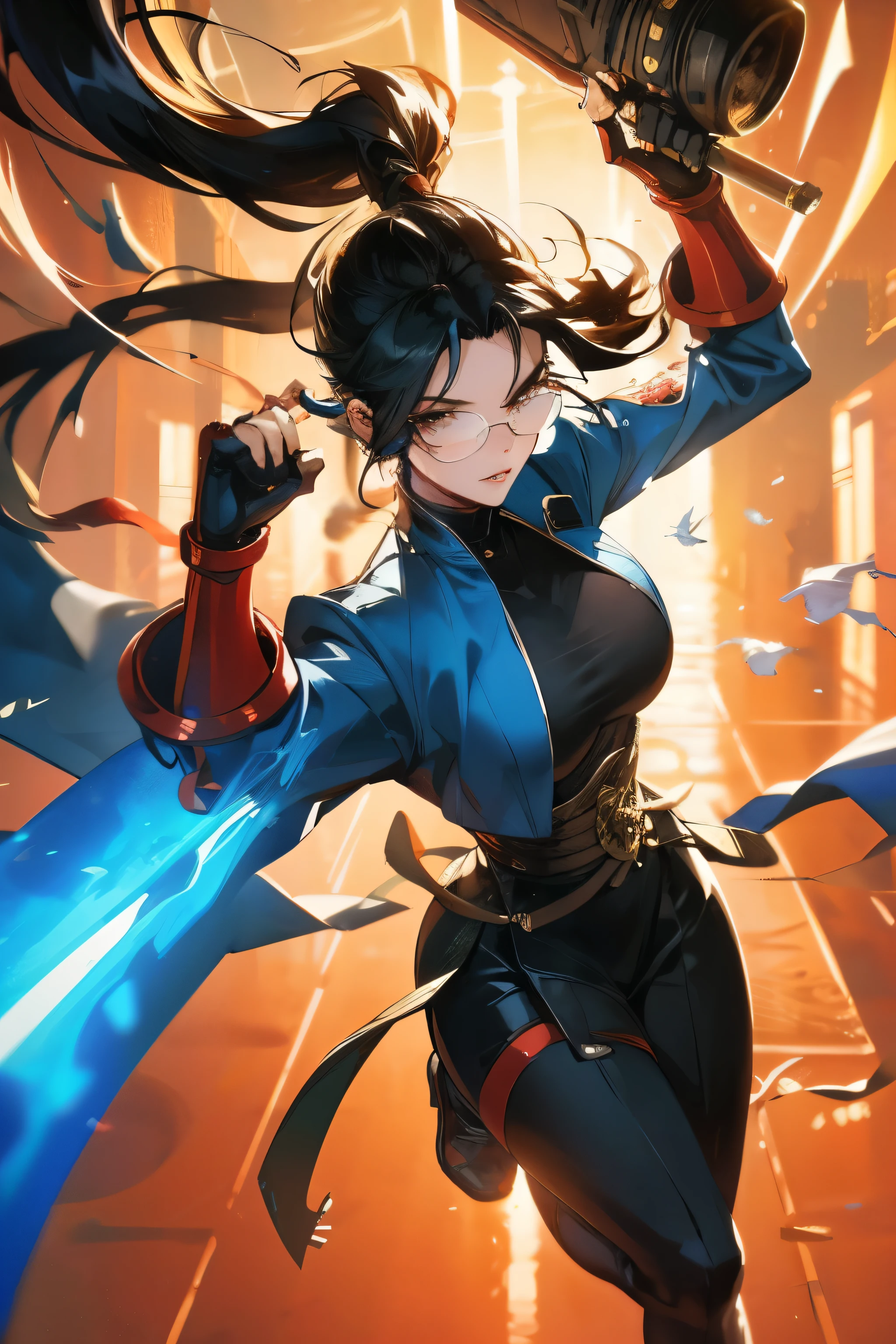 Wide angle shot, beautiful female street fighter, wearing large glasses, black undercut hair, wearing large steel knuckles