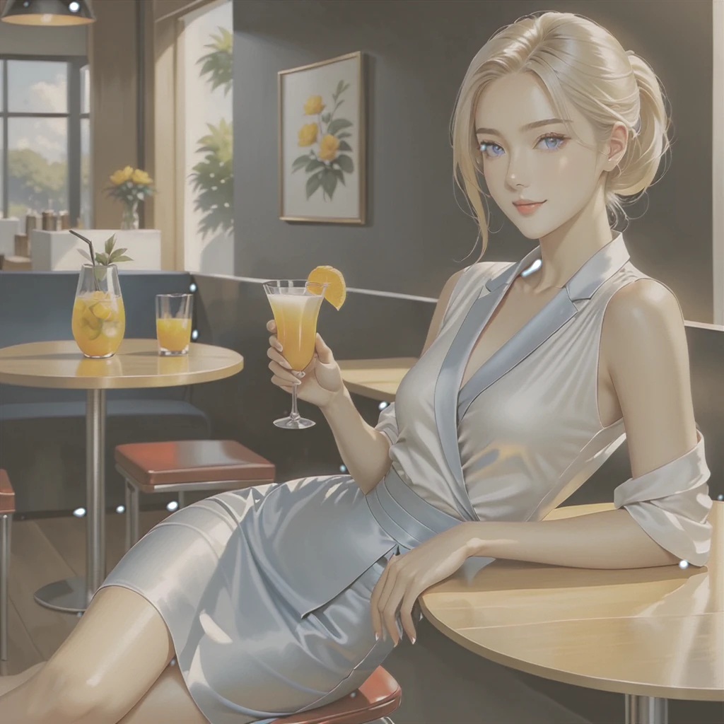 blonde, red eyes, girl, alone, solo, 1girl, orange dress