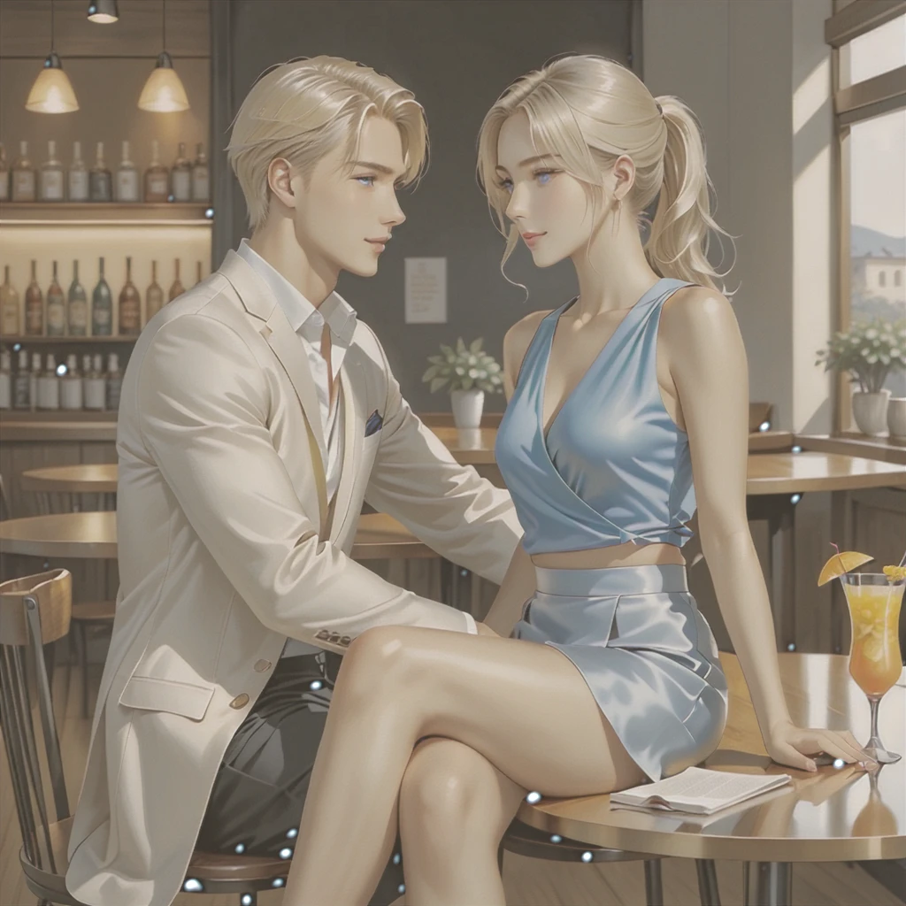 Two people are sitting at a table in a cozy cafe. Young woman (Darling, beautiful tender golden-haired blonde girl sitting at a table, she is wearing a silk wrap skirt, you can see her slender beautiful legs, she is wearing wedge sandals, cropped light top, her hair is pulled back into a low ponytail, she is holding a straw in her hands, through which he drinks a cocktail,) young platinum blond man (opposite at the same table sits a tall, handsome, stately, courageous young platinum blond man,) he is wearing a light office suit, he has long straight platinum hair, tanned skin, he has blue eyes, he looks at her lovingly. extremely detailed illustration, A true masterpiece highest quality, with careful drawing. full length image. realistic image, full length image. careful drawing of the anatomical accuracy of the body, gentle face type, excessive detail of the female body. masterpiece, perfect drawing, realistic drawing, Full-length drawing, 8k. full length image, realistic image, detailed image. extremely detailed illustration, A true masterpiece, highest quality, with careful drawing. shading with shadows. careful depiction of the anatomical accuracy of the female body, nice face type, excessive detail of the female body. Anime style.